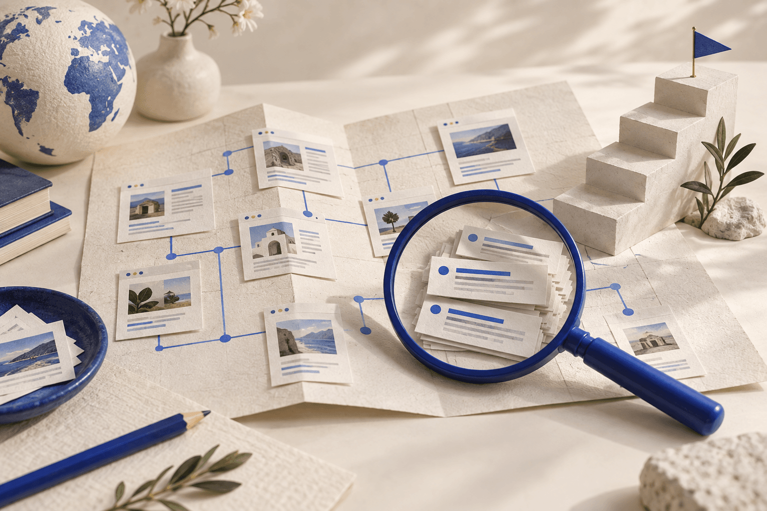 A blue magnifying glass over a paper map of connected pages